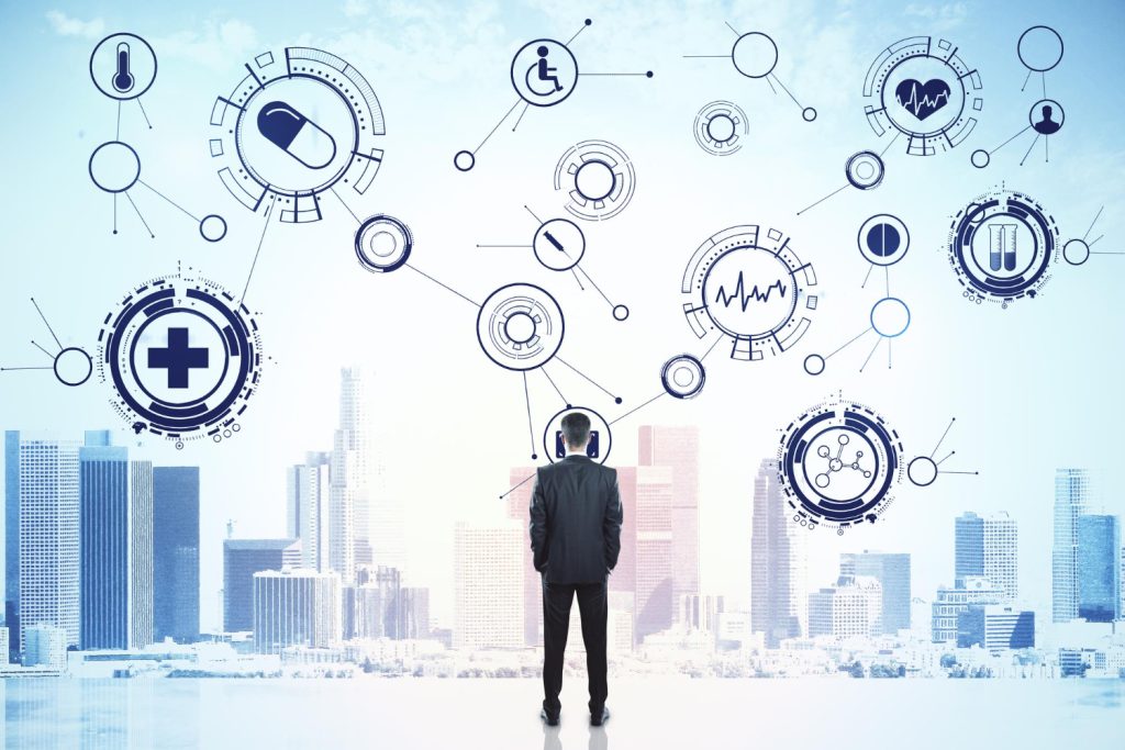 Achieving Health and Well-being During Career Transformation In10 Essential Strategies 2 businessman looking creative glowing medical interface hud hologram