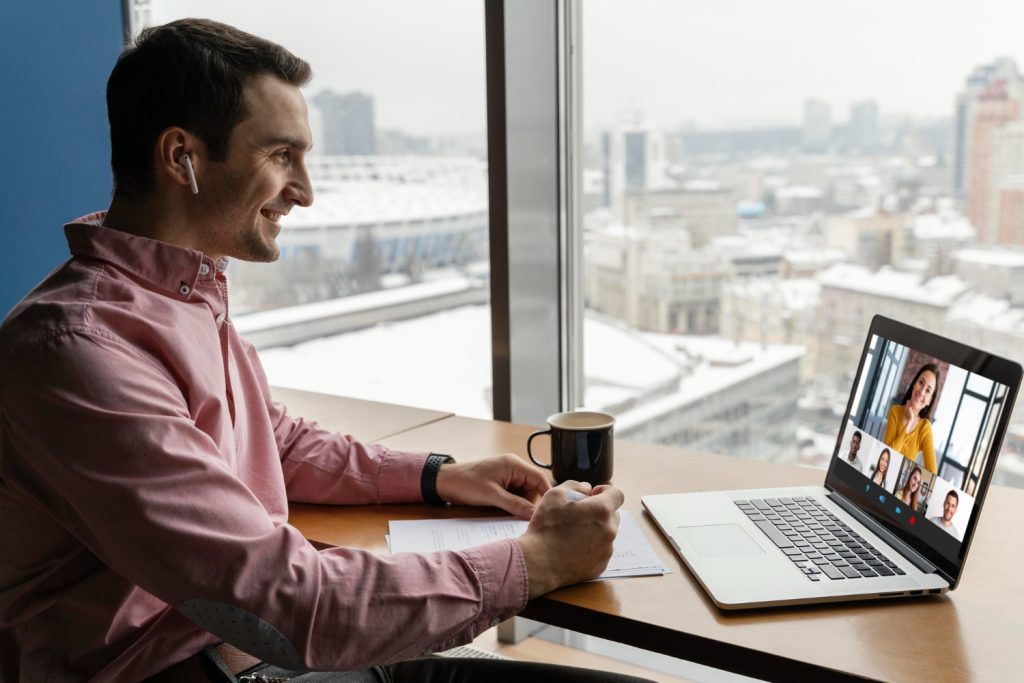 Remote Work Revolution: 10 Paradigm-Shifting Strategies for Career Success 7 side view man having online video call with coworkers