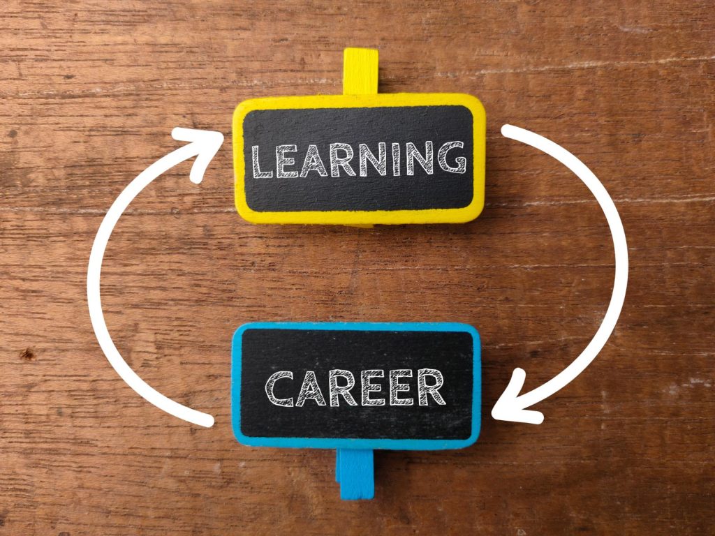Continuous Learning for Pivoting Careers 1 wooden board with word learning career with up side down arrow wooden background