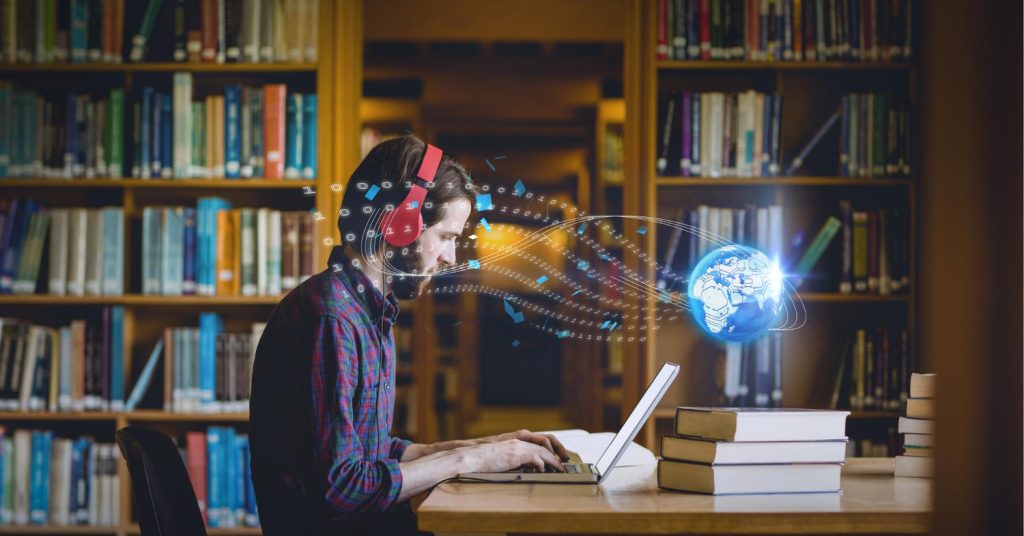 The Power of Knowledge: Why Continuous Education Matters in the 21st Century 2 composition digital globe male student using laptop library 1 1