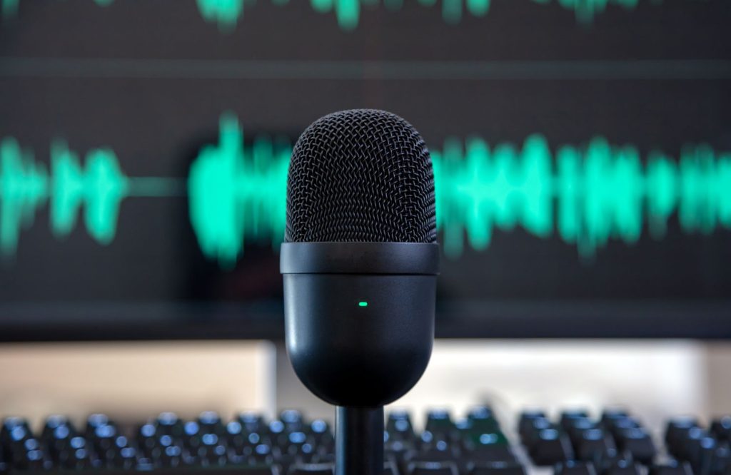 Home 27 black microphone audio waveform with keyboard in f 2026 03 16 00 43 28 utc